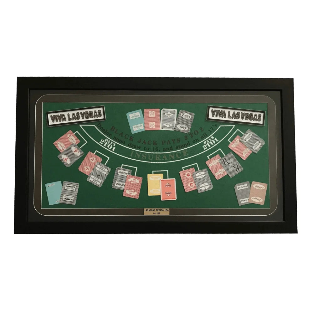 Las Vegas Hotels Authentic Playing Cards Blackjack Table Collage Framed #D/10