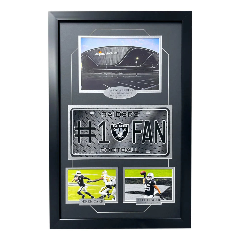 Las Vegas Raiders Fan License Plate Framed Collage Memorabilia Derek Carr Allegiant Stadium