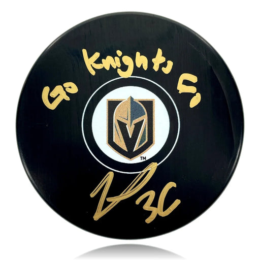 Logan Thompson Autographed Vegas Golden Knights Inscribed ’Go Go’ Hockey Puck COA IGM