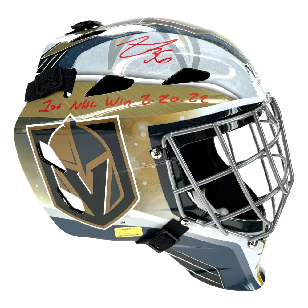 Logan Thompson Signed F/S Goalie Mask Vegas Golden Knights ’1st Win’ Inscribed VGK IGM COA Autographed