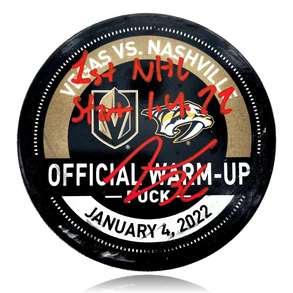 Logan Thompson Signed Vegas Golden Knights Game Used Puck Inscribed 1st Start 1/4/22 vs. Predators COA IGM