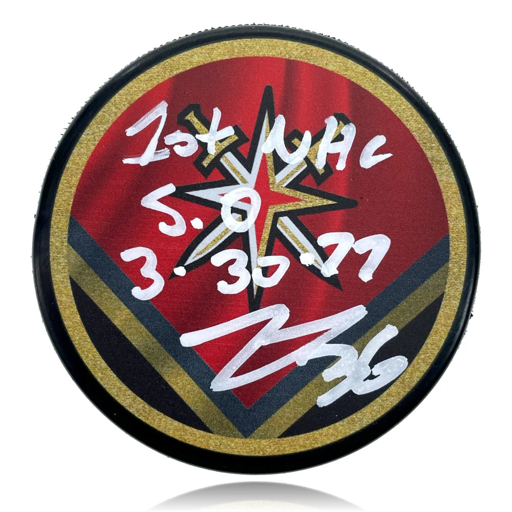 Logan Thompson Signed Vegas Golden Knights Retro Puck Inscribed ’1st Save