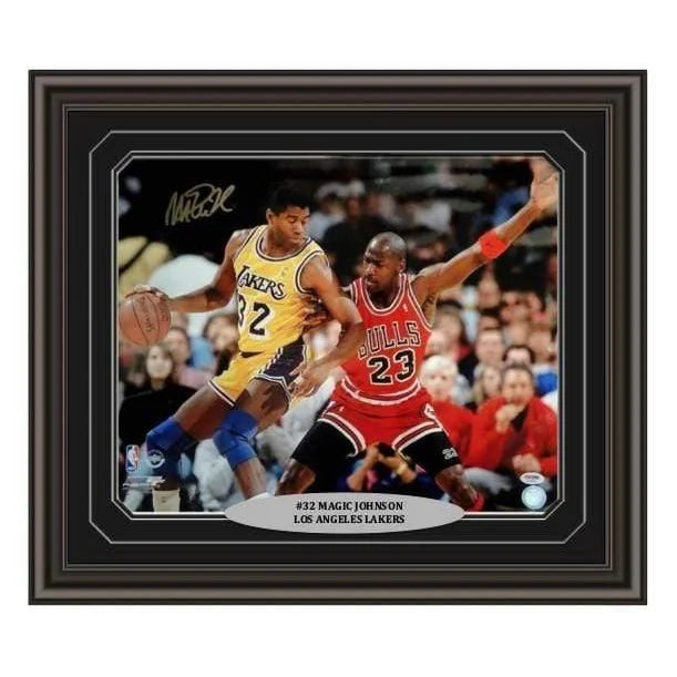 Magic Johnson Signed & Framed Lakers 16X20 PSA/DNA COA Michael Jordan Autograph Black