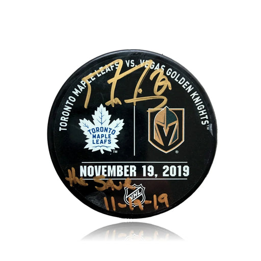 Marc-Andre Fleury Signed Game Warm Up Used ’The Save’ 11/19/19 Puck COA VGK JSA Vegas Golden Knights Autograph