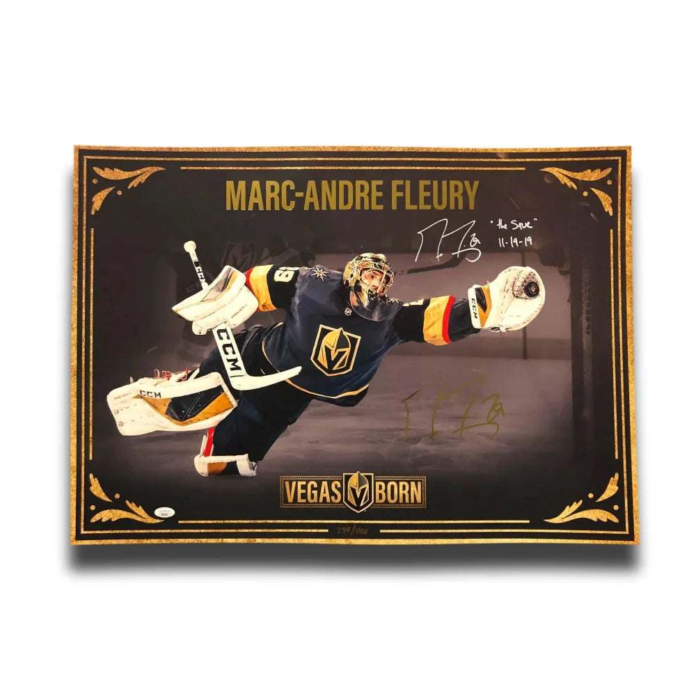 Marc-Andre Fleury Signed & Inscribed ’The Save 11/19/19’’ 20x28 Vegas Golden Knights Poster #d/450 vs. Toronto