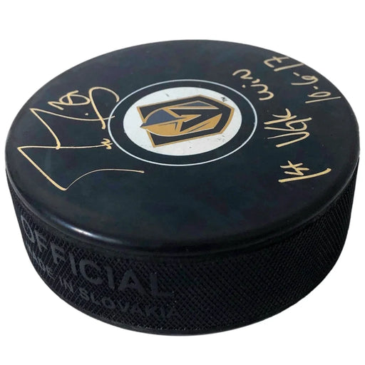 Marc-Andre Fleury Signed Vegas Golden Knights Inscribed Puck 1st Win w/ Case COA Autographed VGK