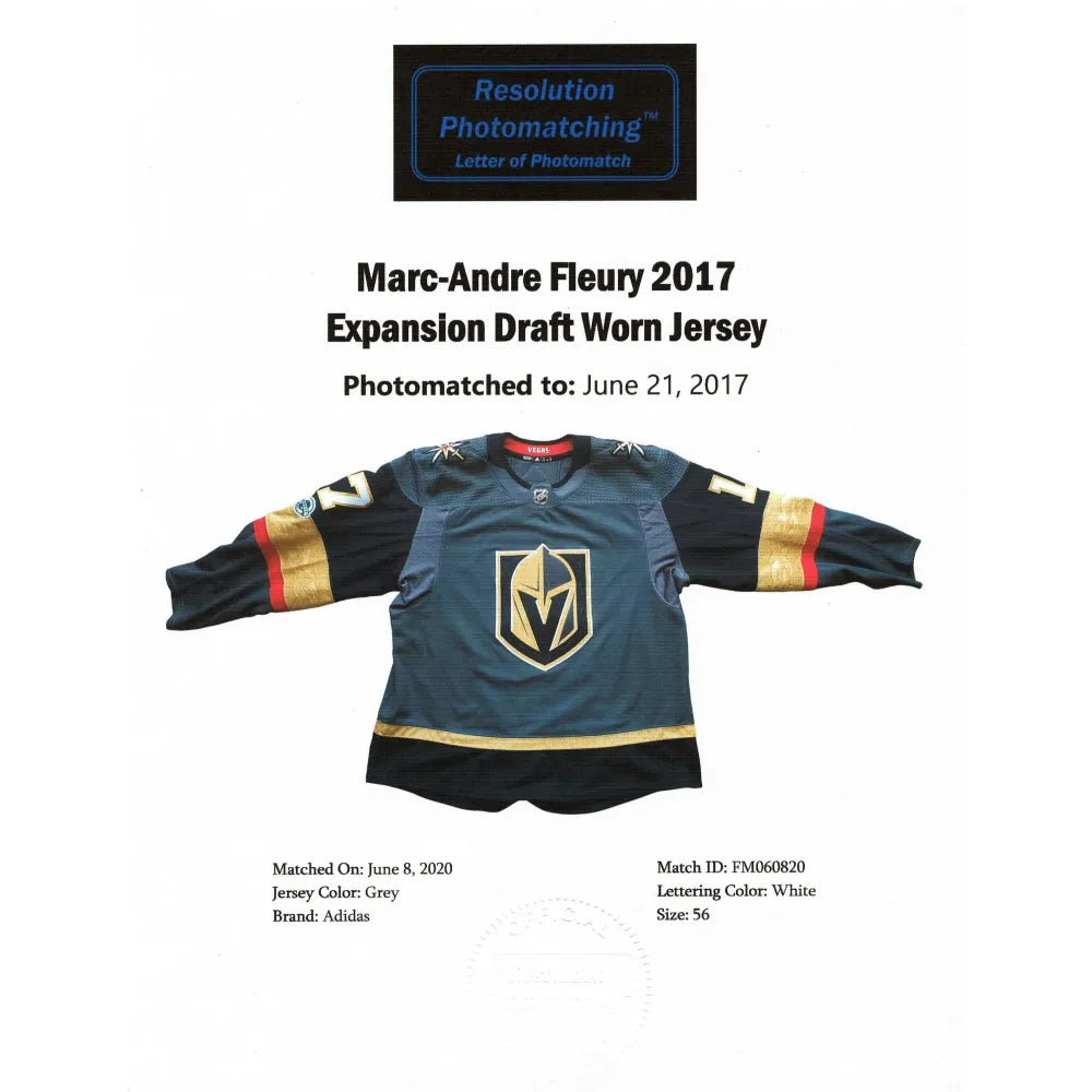 Marc-Andre Fleury Worn Vegas Golden Knights NHL Expansion Draft