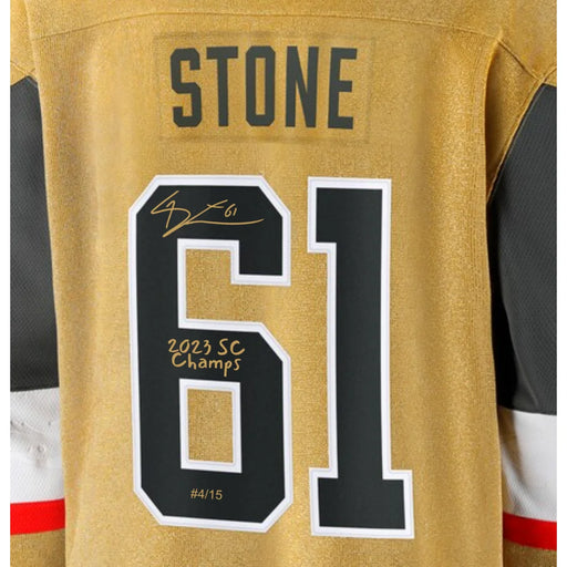 Mark Stone Signed Vegas Golden Knights Gold Jersey #D/15 Inscribed Champs IGM COA Autographed
