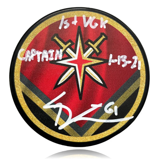 Mark Stone Signed Vegas Golden Knights Retro Puck ’1st VGK Captain 1-13-21’’ #D/10 COA Inscriptagraphs