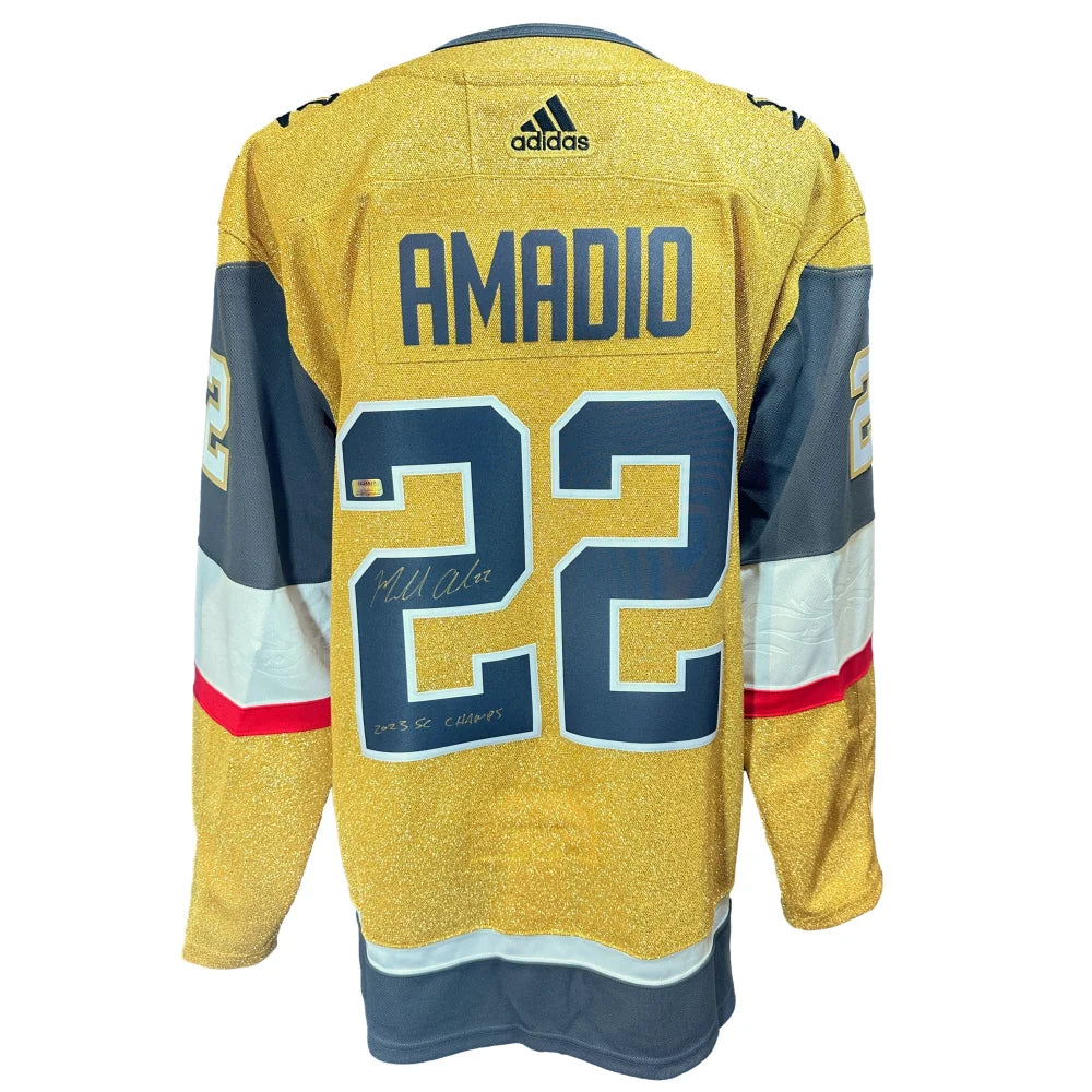 Michael Amadio Signed Vegas Golden Knights Gold Jersey Inscribed Champs IGM COA Autographed