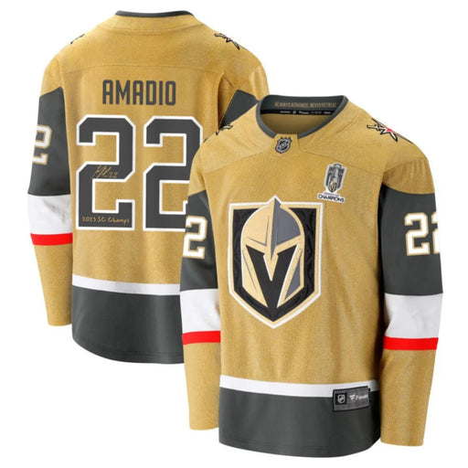 Michael Amadio Signed Vegas Golden Knights Gold Jersey Inscribed Champs IGM COA Autographed
