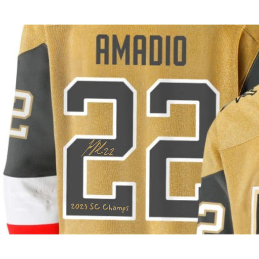 Michael Amadio Signed Vegas Golden Knights Gold Jersey Inscribed Champs IGM COA Autographed