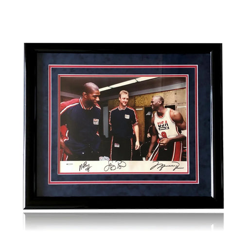 Michael Jordan Magic Bird Triple Signed 92 Dream Team USA Photo Framed UDA COA Johnson Larry