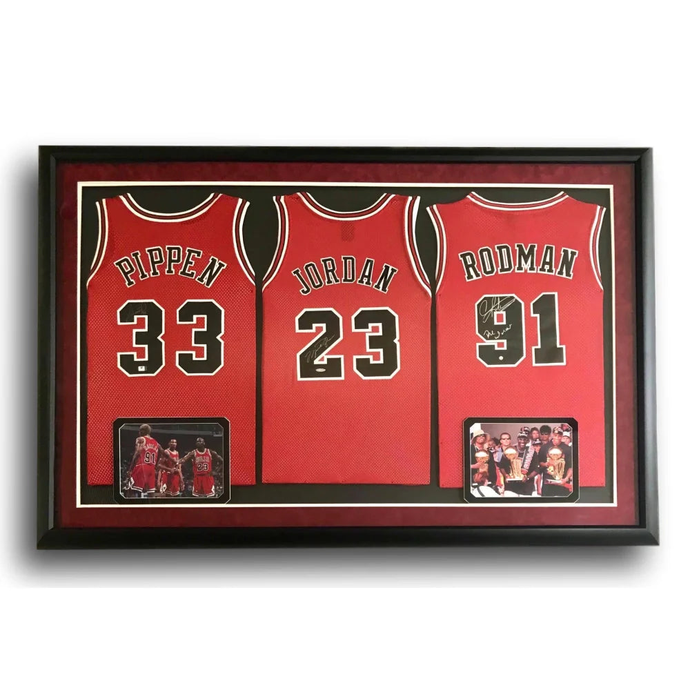 Michael Jordan Scottie Pippen Rodman Triple Signed Framed Bulls Jerseys UDA JSA