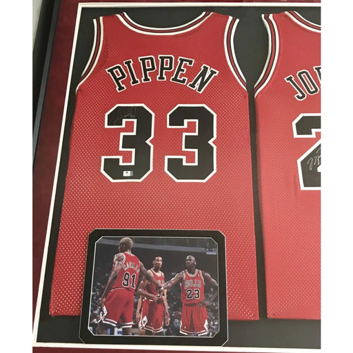 Michael Jordan Scottie Pippen Rodman Triple Signed Framed Bulls Jerseys UDA JSA