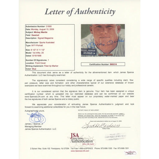 Mickey Mantle Signed 1956 Sports Illustrated Magazine 1st Cover JSA COA 6/18/56 Autographed NY Yankees