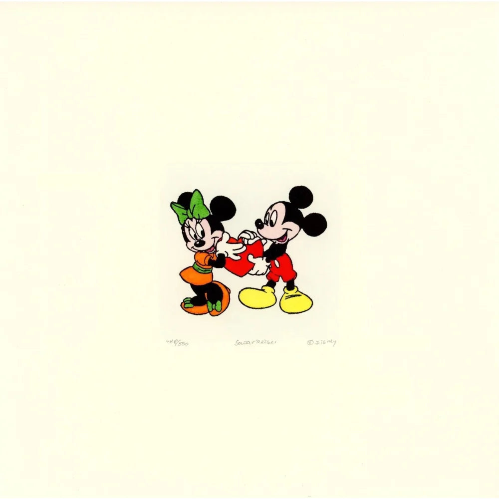 Mickey & Minnie Mouse Sowa Reiser #D/500 Hand Painted Cartoon Etching Art Heart