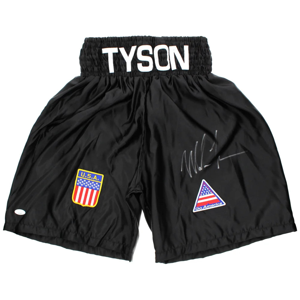 Mike Tyson Autographed Black Boxing Trunks JSA COA Signed Shorts USA Patches