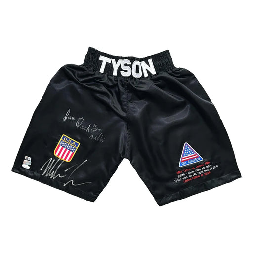 Mike Tyson Autographed Black Boxing Trunks JSA COA Signed Shorts USA Patches