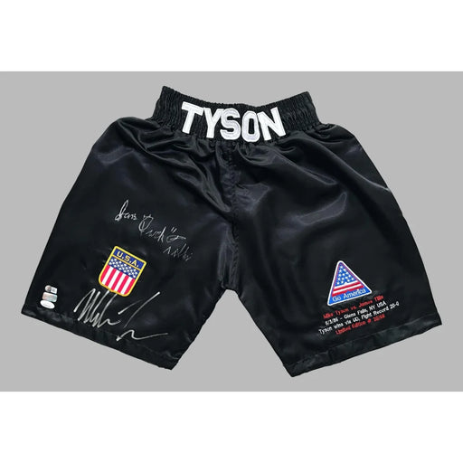 Mike Tyson Autographed Black Boxing Trunks JSA COA Signed Shorts USA Patches