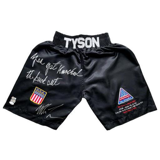 Mike Tyson Autographed Black Boxing Trunks JSA COA Signed Shorts USA Patches