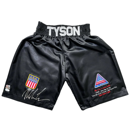 Mike Tyson Autographed Black Boxing Trunks JSA COA Signed Shorts USA Patches