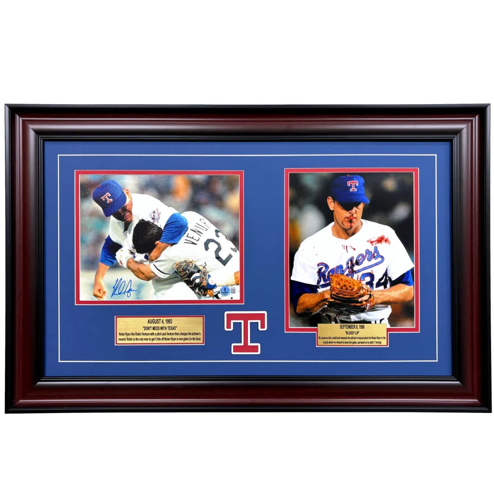 Nolan Ryan Signed Dual 8x Frame Bloody Lip & Fight COA Player Holo Autograph Rangers