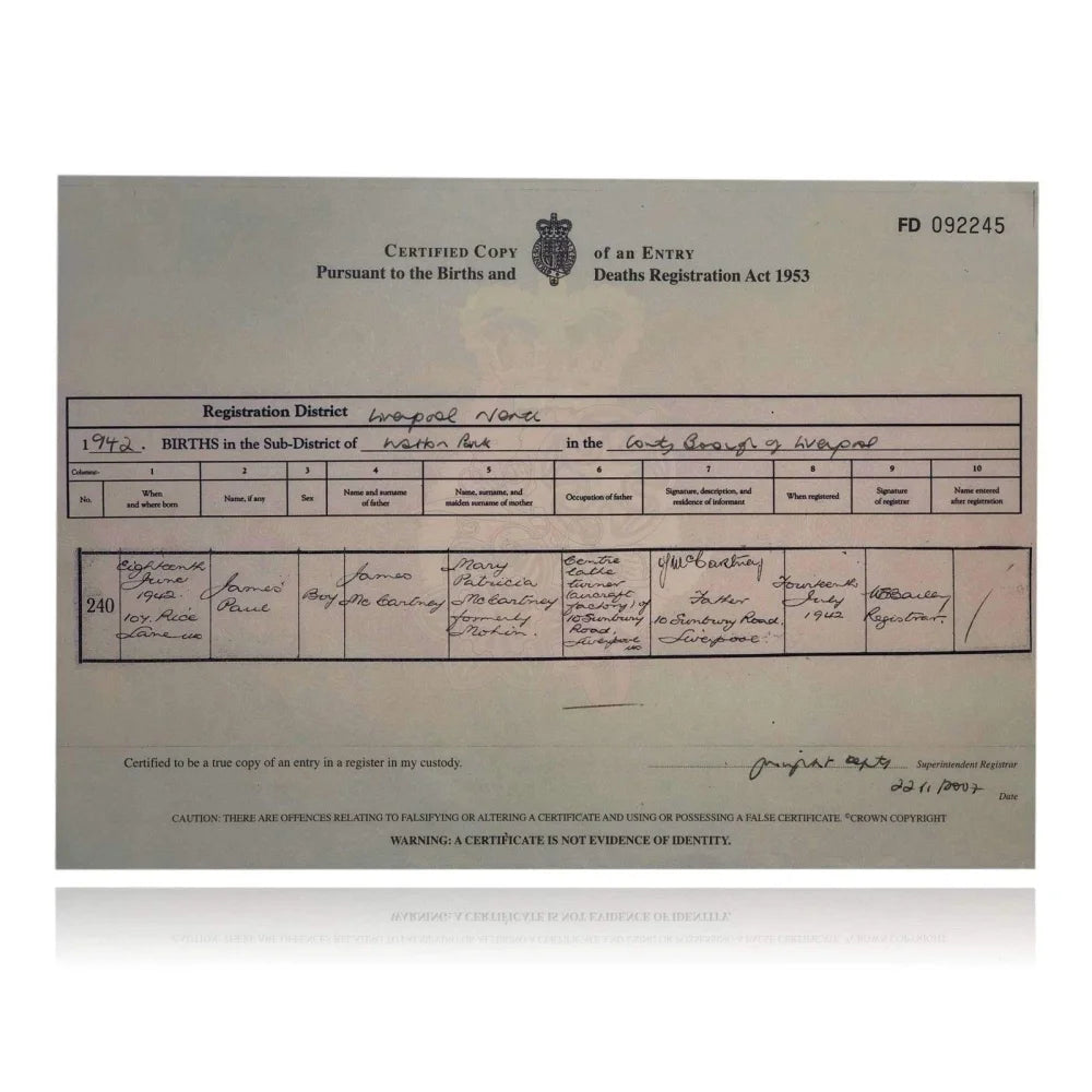 Paul Mccartney Authentic Certified UK Birth Certificate Copy Beatles