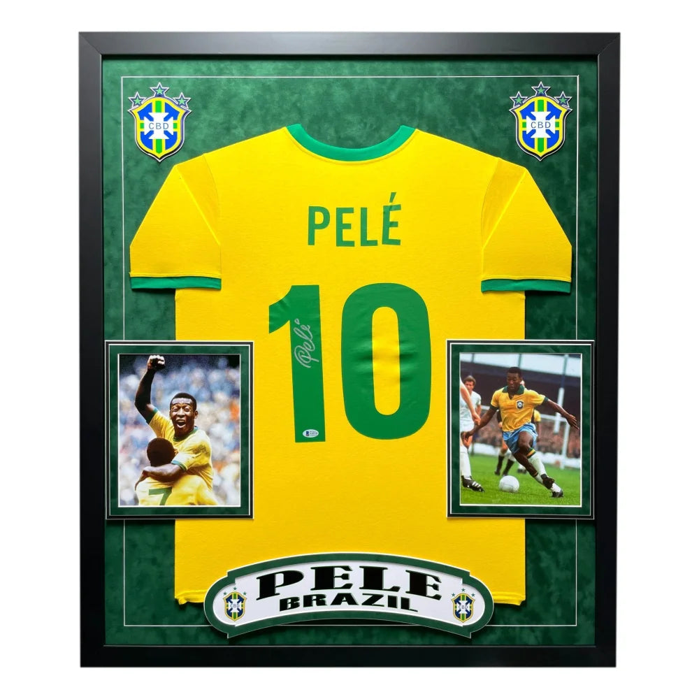 Pele Autographed Brazil CBD Yellow Soccer Jersey Framed BAS Beckett COA Signed