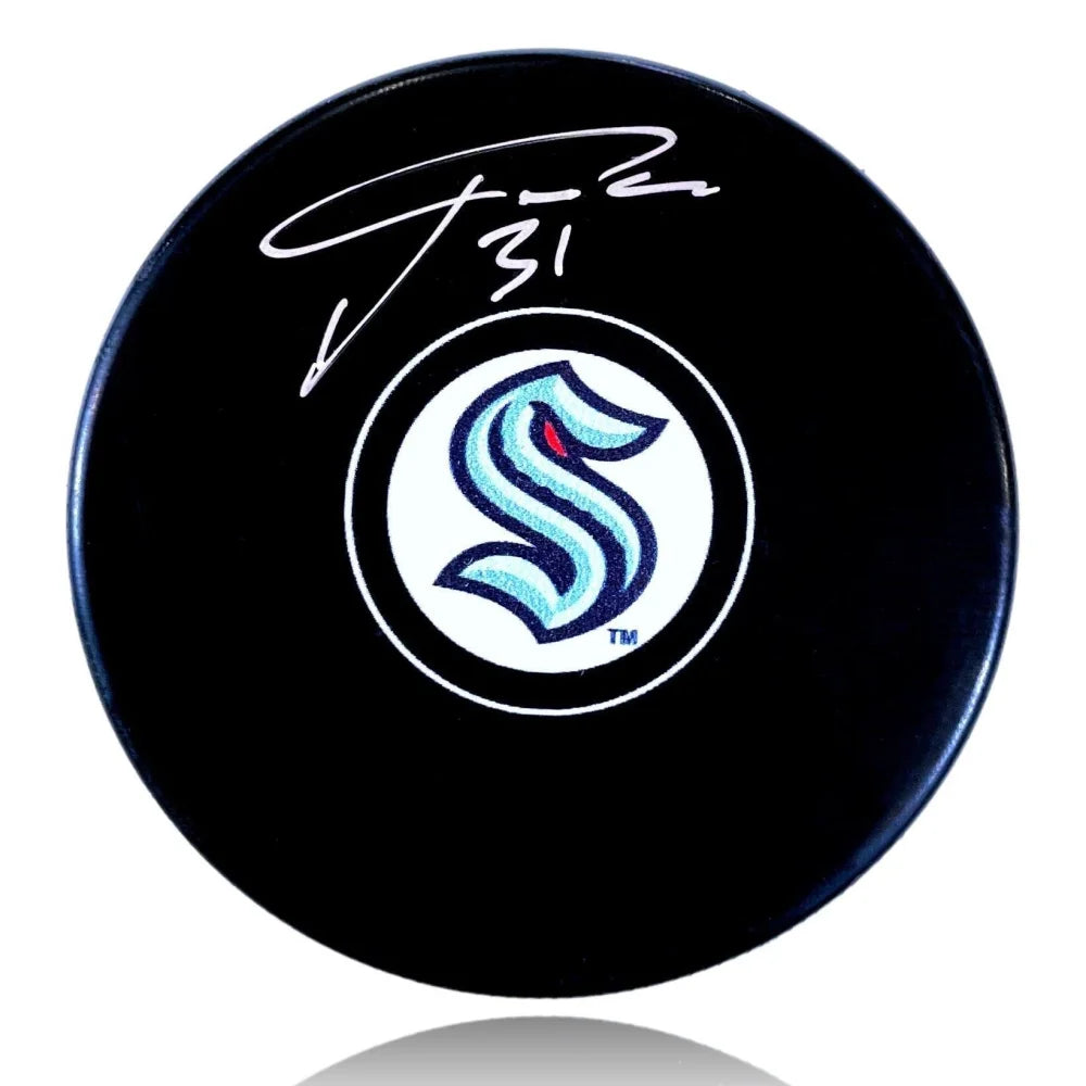 Philipp Grubauer Autographed Seattle Kraken Logo Hockey Puck COA Signed