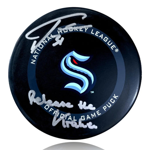 Philipp Grubauer Signed Inscribed ’Release The’ Seattle Kraken Puck COA Autographed