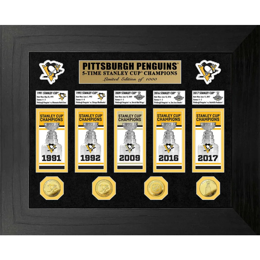 Pittsburgh Penguins Stanley Cup Banners / Gold Coin Framed Collage