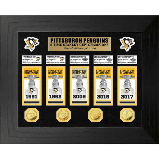 Pittsburgh Penguins Stanley Cup Banners / Gold Coin Framed Collage
