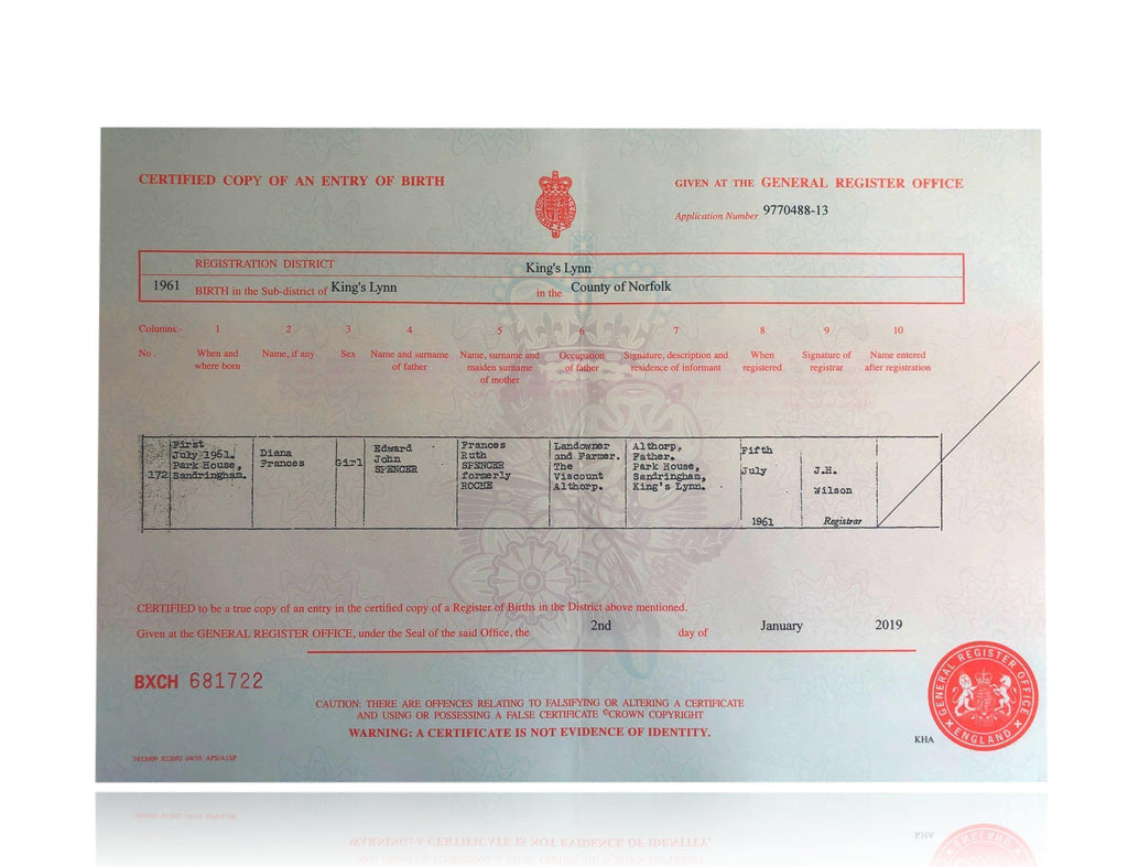 Princess Diana Certified Uk Birth Certificate Copy Authentic Harry William