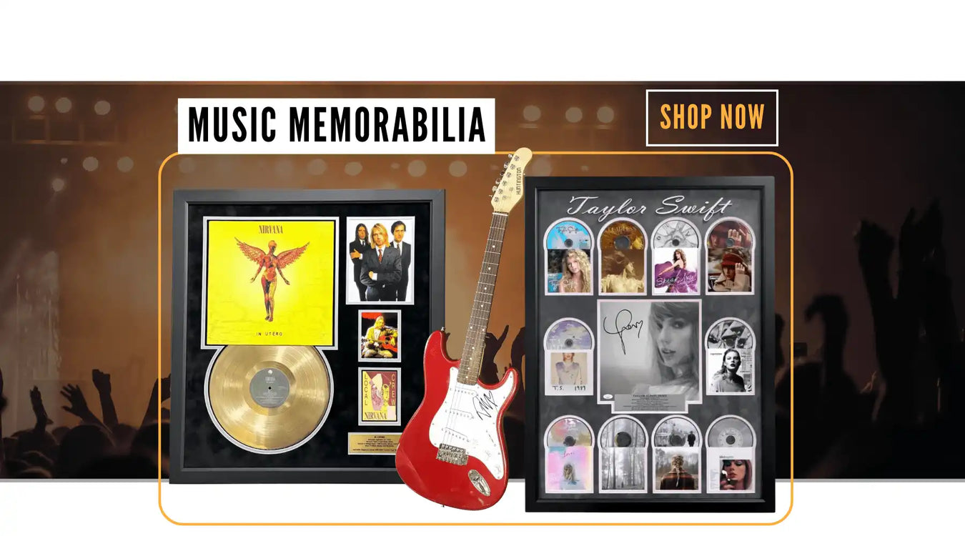 Shop Inscriptagraphs' Music memorabilia collection by clicking here. Shown in the graphic photo is a gold record frame from Nirvana which is showcasing a backstage pass within the frame in addition to the gold record and some photos of the band and Kurt Cobain. We havea red signed guitar and a Taylor Swift Cd framed collage that features an autographed image in the middle with her career albums surrounding the image