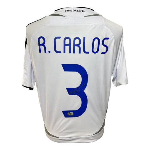 Roberto Carlos Autographed Real Madrid White Soccer Jersey BAS COA Signed Spain