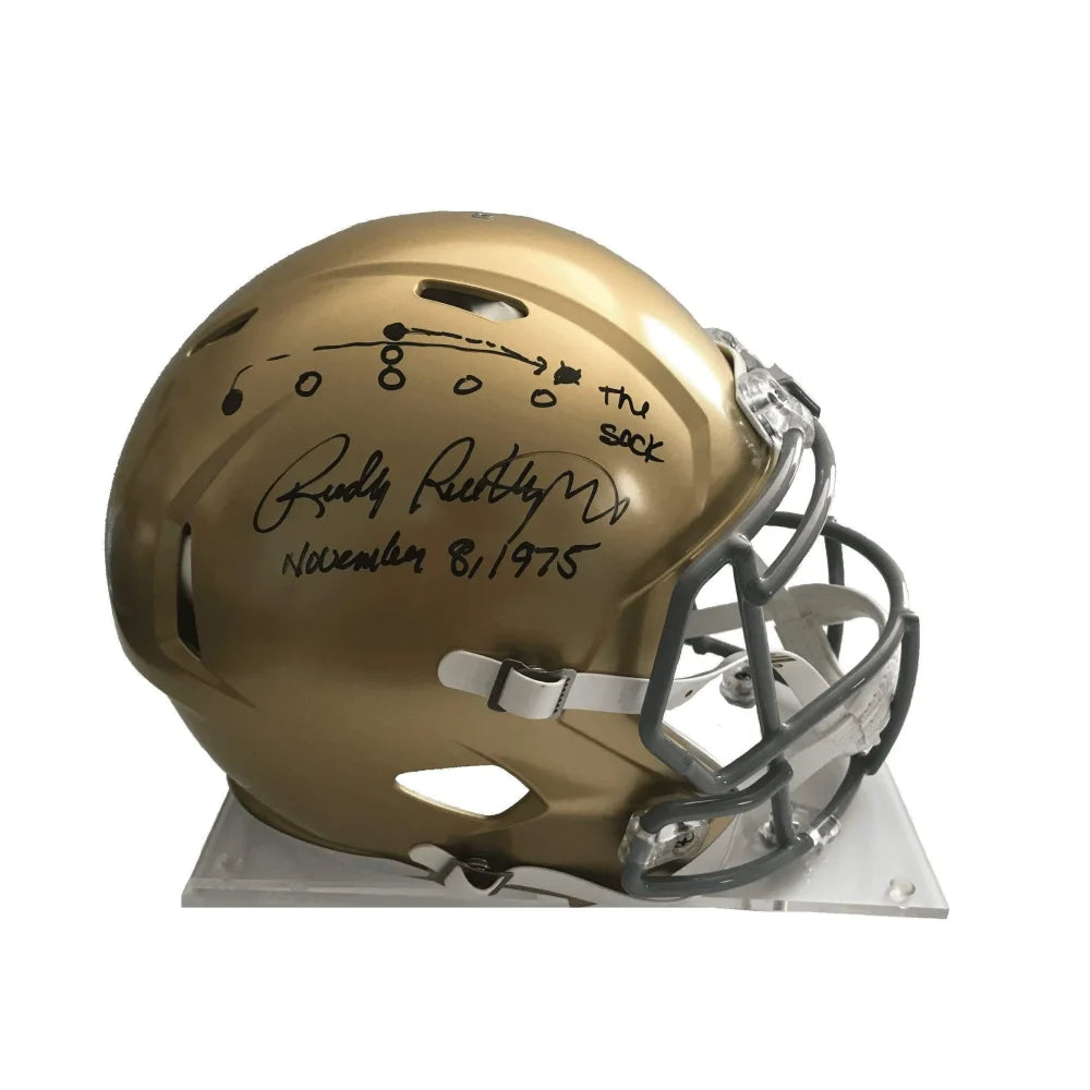 Rudy Ruettiger Signed Notre Dame FS Helmet W/ Hand Drawn ’Sack Play’ JSA COA