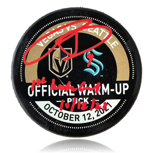 Ryan Donato Signed 1st Ever Seattle Kraken Game Used Warm Up Puck 10/12/21 COA Autograph Inscribed
