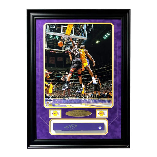 Shaquille O’Neal Signed Game Used LA Lakers Floor Framed PSA/DNA COA Photo Shaq