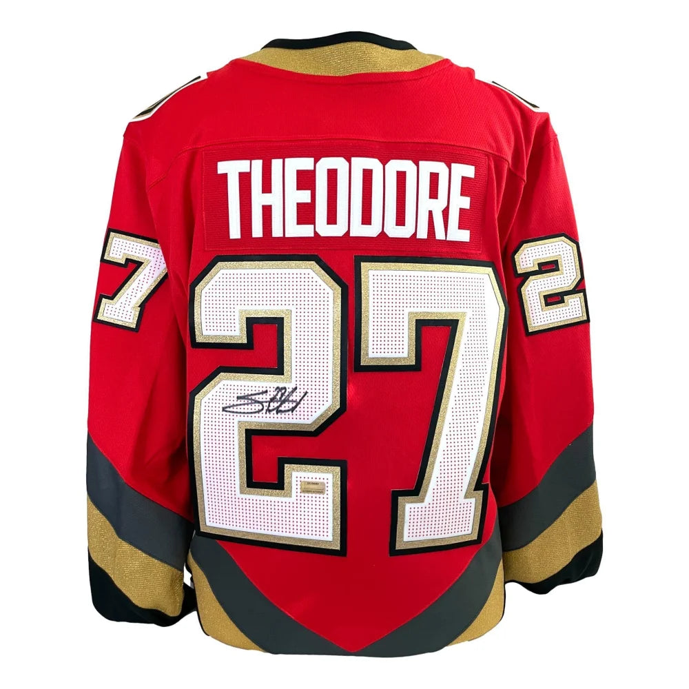 Shea Theodore Autographed Vegas Golden Knights Red Retro Reverse Jersey COA Signed Inscriptagraphs