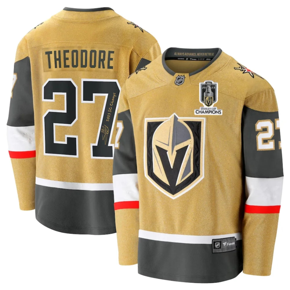 Shea Theodore Signed Vegas Golden Knights Gold Jersey Inscribed Champs IGM COA Autographed