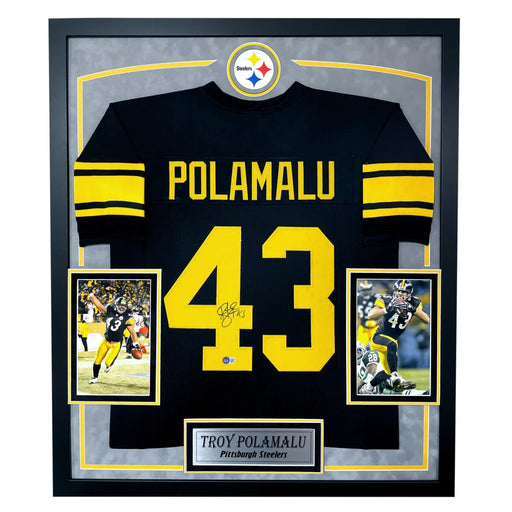 Troy Polamalu Autographed Pittsburgh Steelers Black Jersey Framed BAS Signed