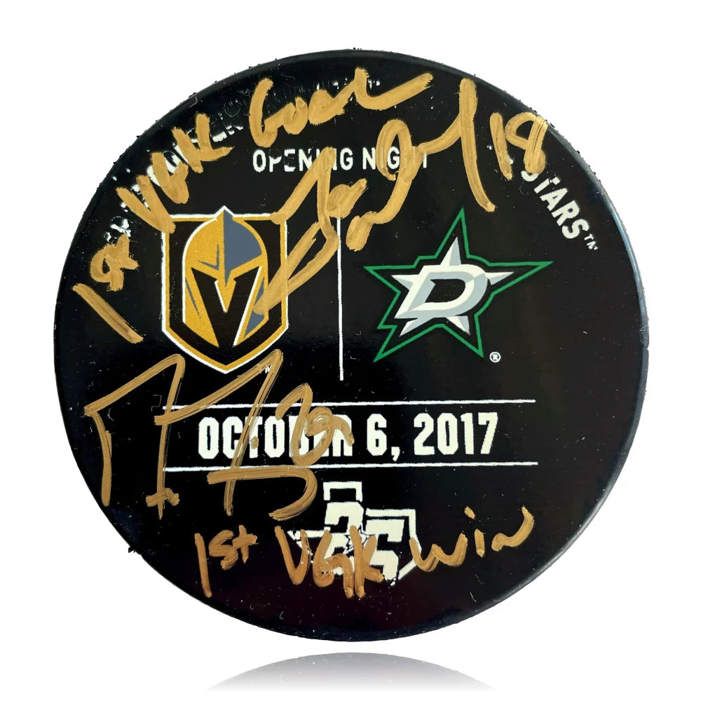 Vegas Golden Knights 1st Ever Game Used 10/6/2017 Stars Puck Signed Marc-Andre Fleury / James Neal