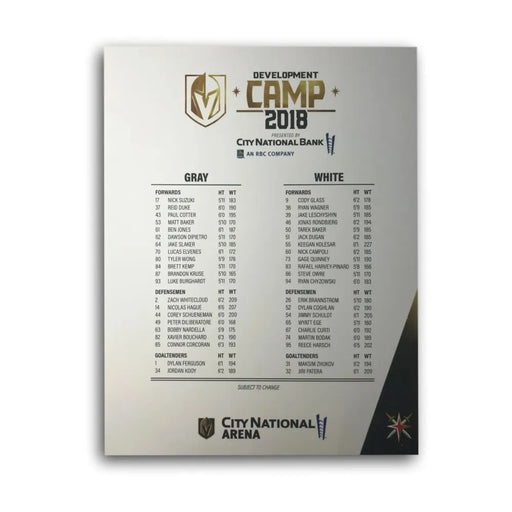Vegas Golden Knights 2018 Development Camp Poster Draft Rookies VGK Cody Glass