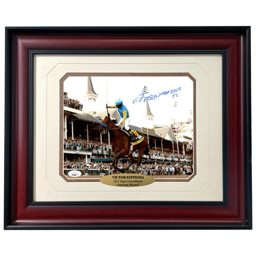 Victor Espinoza Autographed American Pharaoh Horse Racing 8x10 Photo Framed JSA COA