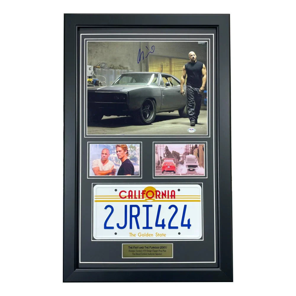 Vin Diesel Signed The Fast & Furious 11x14 Car License Plate Framed Collage PSA/DNA COA Autograph Photo