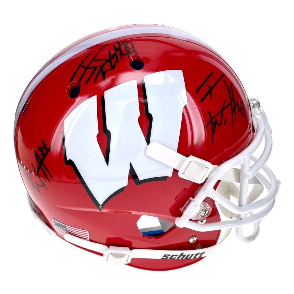 Wisconsin Bagers JJ TJ Derek Watt Brothers Signed Schutt Helmet JSA Autographed