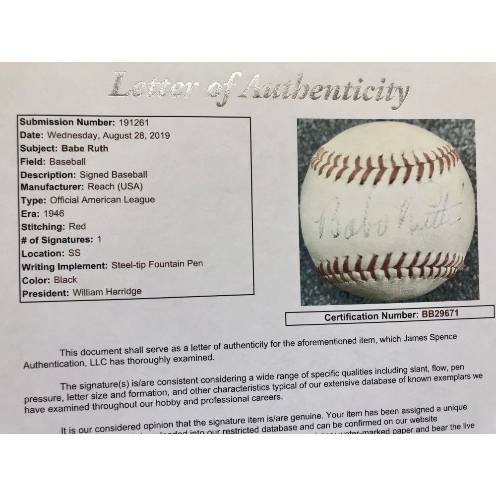 Babe Ruth Single Signed 1946 Baseball Sweet Spot Autograph JSA COA