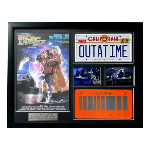 Back to the Future 1 & 2 DeLorean Double Movie Car License Plate Framed Collage