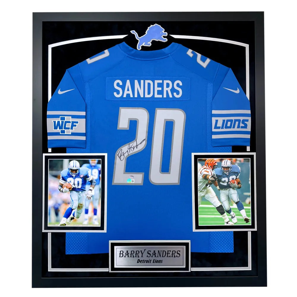Barry Sanders Autographed Detroit Lions Jersey Framed BAS Signed